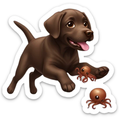 Chocolate labrador playing with push cute octupus sticker