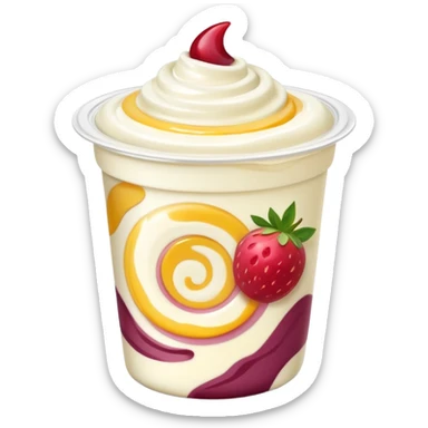 small yogurt cup with peeled-back foil lid, creamy yogurt with fruit swirls, no spoon or extras, soft lighting, subtle shadows, emoji scale sticker