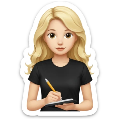 a beautiful blonde with long wavy hair-in-a-black-t shirt-a writes in a diary with a pen sticker