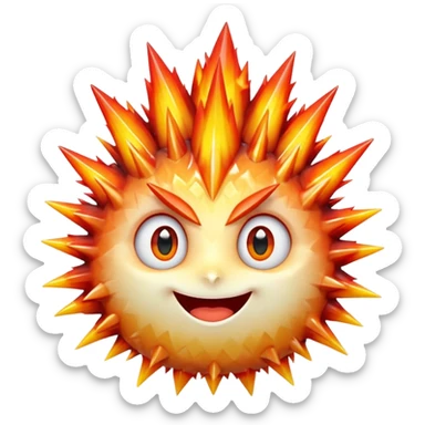 A single spiky crystal rock character, compact and round with many chunky flame-like spikes, glowing red–orange–yellow gradient like fire, faceted crystal texture, cute face with big shiny eyes and excited smile, sticker