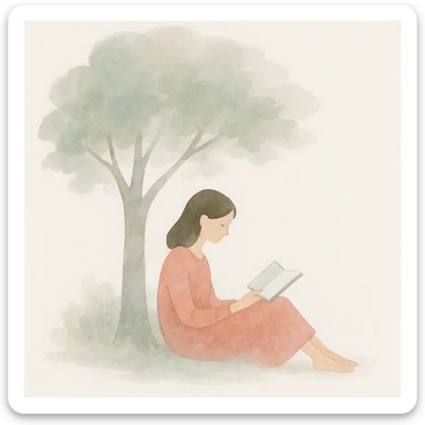 a girl under a tree reading a book, watercolor art style sticker