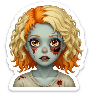Faça uma garota zumbi de cabelo cacheado preto e uma mecha descolorida meio alaranjada do lado esquerdo sticker