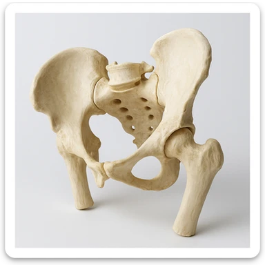 realistic human pelvis tilted, 4K image, anatomical details, very evident tilt, oblique view, clinical atmosphere, white background sticker