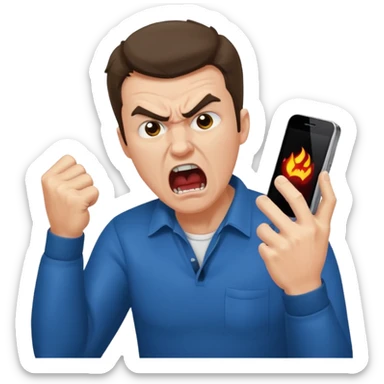 man, enraged, screaming at mobile phone sticker