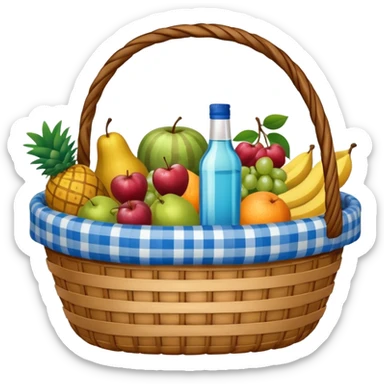 blue plaid lining basket with both food, drink and fruits sticker