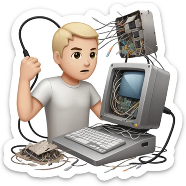 A man destroying a computer sticker