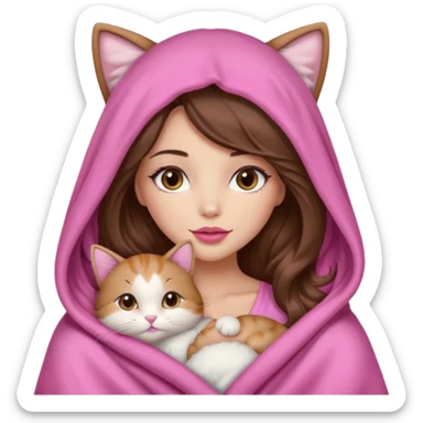 girl with long wavy brown hair, brown eyes, long lashes makeup, sexy pink lips, light to medium complexion, wearing a pink sexy silk top, big blanket over the head cozy holding a cat,  sticker