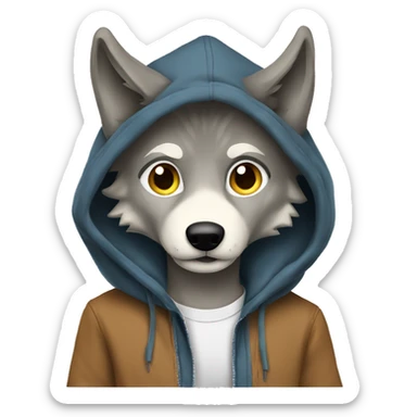 Wolf wearing hoodie with a wolf logo sticker