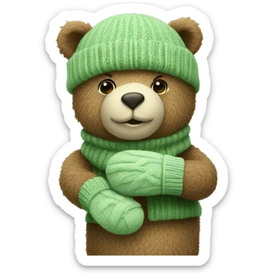 Cute Bear with knitted Sage green mittens sticker