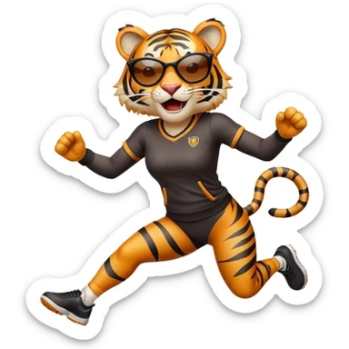 female energetic anthropomorphised tiger in sports clothes, wearing dark sunglasses, jumping with excitement sticker