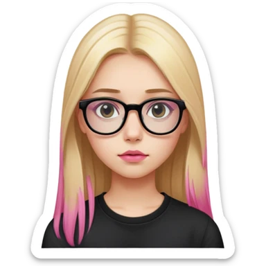 Teenage girl taking a selfie in a school bathroom. Long straight blonde hair with pink dye, rectangular glasses, black shirt, neutral expression with slightly glossy lips sticker