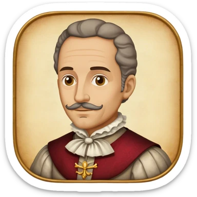 Cinematic Realistic Miguel de Cervantes Portrait Emoji, depicted as a wise thoughtful literary figure in period attire with a reflective gaze, rendered with detailed textures and soft historical lighting that captures his enduring literary legacy. sticker