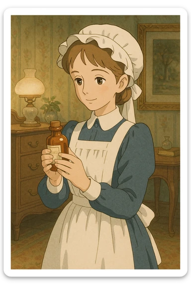 victorian nurse holding a medicine bottle sticker