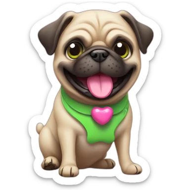 a happy pug whit a green toy bone and pink collar sticker