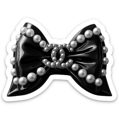 Remove the background, keep only the elegant bow with pearls and gold Chanel logo, glossy, monochrome, realistic style, with no background. sticker