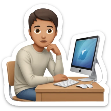 emoji of a man sitting at the table with an imac on it, a man sits in a very thoughtful pose sticker