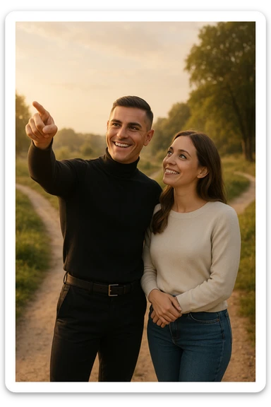 a couple stands at a crossroads, the man pointing confidently toward a direction while the woman looks at him with trust and optimism. Both are illuminated by soft, uplifting light, representing faith in each other’s strengths and the positive outcomes of working together. sticker