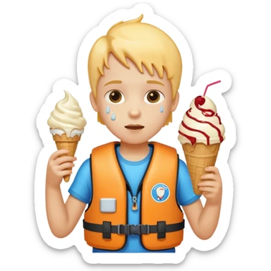 kid wearing lifejacket, holding ice cream sticker