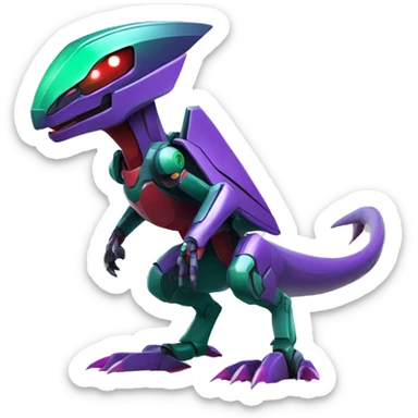 a purple-green-red Genesect-Raptor-Fakémon—hybrid with a futuristic visor-helmet full body sticker