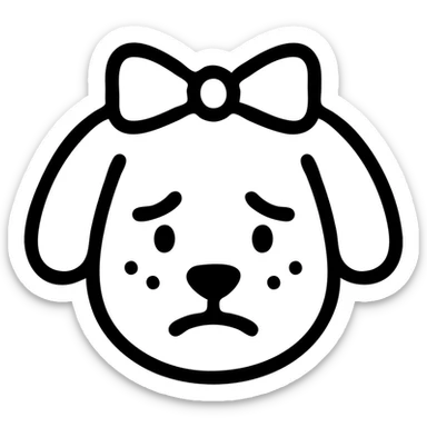 blushing, embarrassed dog with a ribbon on its head, black outlined, hollow icon style, simple and clean lines sticker