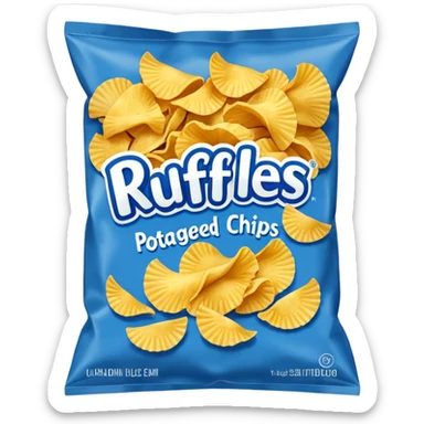 Draw a Ruffles chip bag in blue packaging with ridged potato chips spilling out. sticker