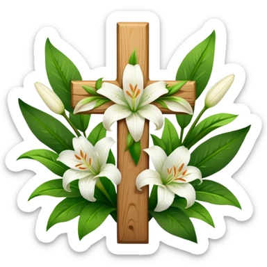 A wooden cross with white lilies around the bottom.. No lilies on the centre of the cross.  sticker