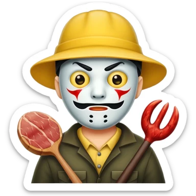 scary evil man look like from friday 13th with the yellow hat and meat khife sticker