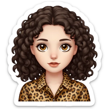 pale girl with dark brown eyes and long curly dark brown hair with leopard print shirt  sticker