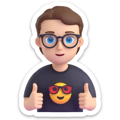 white boy, blue eyes, black glasses, black t-shirt, 3D emoji style sticker