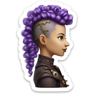 Photorealistic steampunk profile short mohawk purple  curl on Caucasian girl with small nose round face sticker