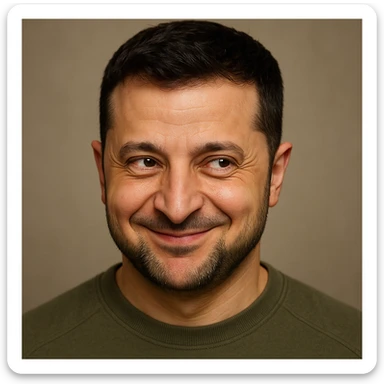 Vladimir Zelensky, photorealistic, emoji style, sly smirk, mischievous eyes sticker