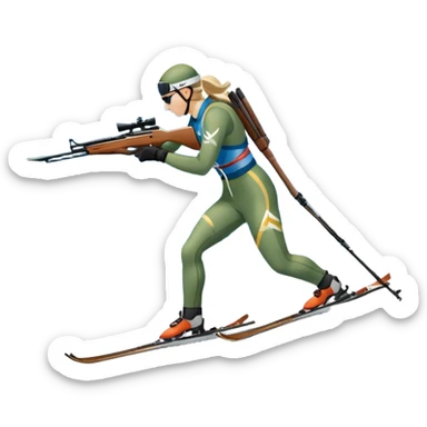 An icon featuring snow-covered trees, distant mountains, and a clear blue sky with a biathlete in motion, holding a rifle and skiing across a snowy course. Transparent background highlights the precision, endurance, and excitement of biathlon. sticker