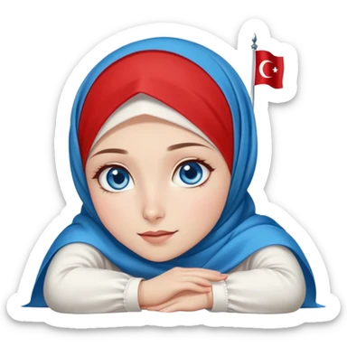 Turkish beautiful finish Konya girl blue eyes with red white hijab dress with turkish flag and watching the sky on the ground  sticker