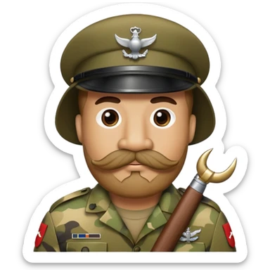 Soldier with bushy walrus mustache wearing camouflage sticker