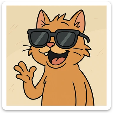 a goofy cat wearing oversized sunglasses, cartoon style sticker