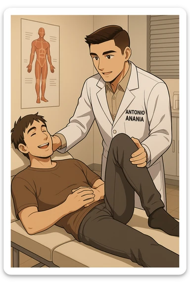 fai un webtoon manga a colori con questo stile, in cui un uomo è steso sul lettino medico e il kinesiologo con il camice bianco (fagli anche la scritta "ANTONIO ANANIA" SUL CAMICE, gli solleva una gamba per fargli il test neuromuscolare, IL KINESIOLOGO SPIEGA ALL'UOMO UNA cosa mentre gli alza la gamba. l'espressione dell'uomo è felice e soddisfatta, non fare i fumetti però, fai solo in modo che sembri stiano parlando, il lettino fai in modo che si veda tutto intero sticker