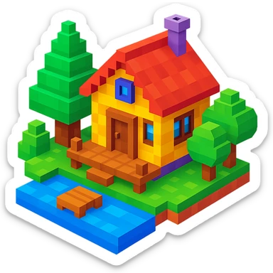 a cozy cabin by a lake in voxel style sticker