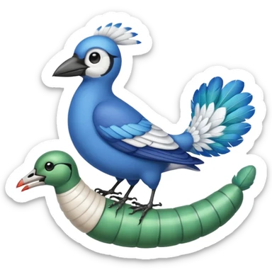 a bird jay wearing a lid, standing on a worm sticker