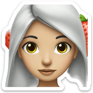arab white girl with long black hair holding a strawberry and green eyes sticker