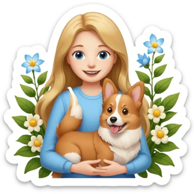 A long-haired girl holding a corgi in the flowers sticker