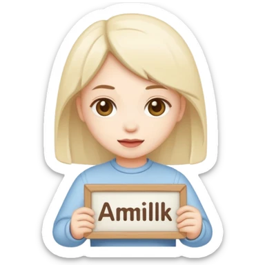 Chibi cult girl emoji, flat vector style, bold outline, holding a sign that says “AMILK” in clear capital letters, centered, simple background sticker