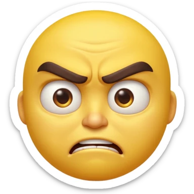 “A high-quality 3D angry emoji, intense facial expression, furrowed eyebrows, narrowed eyes, clenched mouth, vibrant yellow glossy texture, dramatic studio lighting, realistic reflections, smooth rounded shape, ultra-detailed Pixar-style 3D render, isolated on white background, 4K resolution” sticker