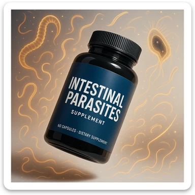 cinematic high-quality product ad poster for a supplement against intestinal parasites, stylized jar or pack floating slightly tilted with soft shadow, bold white gradient background, dynamic floating illustrations of intestinal parasites including worms protozoa microscopic forms, sparkle effects motion trails glow lines, modern eye-catching look, label on jar clearly visible, bold modern style suitable for eCommerce and social media ads sticker