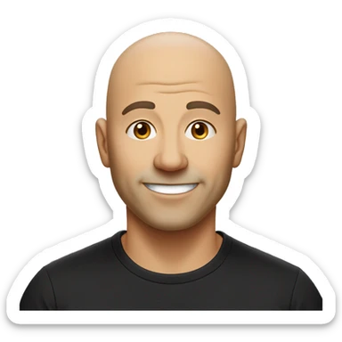 smiling bald man in middle age without the mustache and a little beard under his lips wearing a black t-shirt sticker