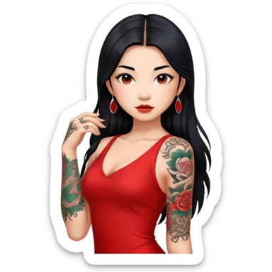 Beautiful Asian girl with long black hair and body tattoos wearing a red dress sticker