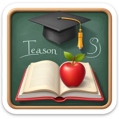 An icon featuring an open book, a pencil, and an apple, symbolizing education and pedagogy. The design includes a chalkboard with a lesson plan and a graduation cap, representing teaching and learning. Transparent background highlights the nurturing of knowledge and growth. sticker