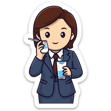 Mom with brown hair in business suit drinking milk and holding a vaccine syringe sticker