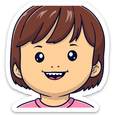 Adorably, cute and cool little six-year-old gamer, girly with brunette hair, missing her two top front teeth, and she has bangs sticker