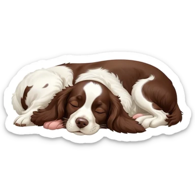 Meme-Worthy Cute Sleeping Springer Spaniel Portrait Emoji, Head resting peacefully with a contented smile, showcasing a delightfully agile build and a luxuriously soft liver and white Fur, eyes shut in a serene nap, Simplified yet hilariously adorable features, highly detailed, glowing with a soft, drowsy light, high shine, relaxed and utterly lovable, stylized with an air of playful laziness, bright and heartwarming, soft glowing outline, capturing the essence of a comically sleepy companion, so meme-worthy it feels like it could instantly become the next viral sensation of adorable slumber! sticker