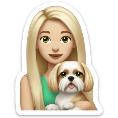 Girl with lots of freckles, long blonde hair, freckles, and bright green and blue eyes holding an all beige shih tzu dog  sticker